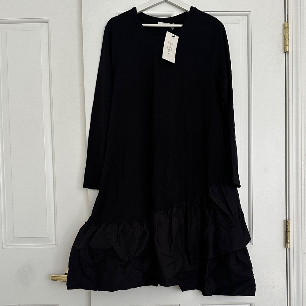 MASAI Black A-Line Dress Size L Long Sleeve Ruffle Hem Loose Fit $208 Retail